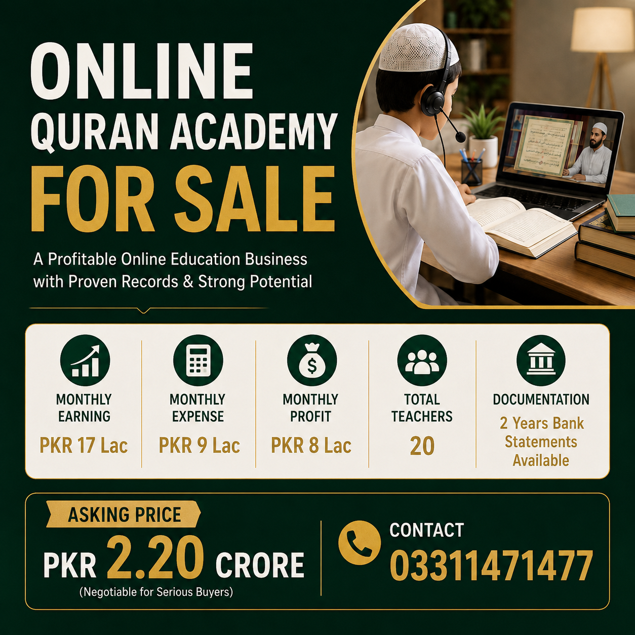 Established Online Quran Academy for Sale – PKR 8 Lac Monthly Profit